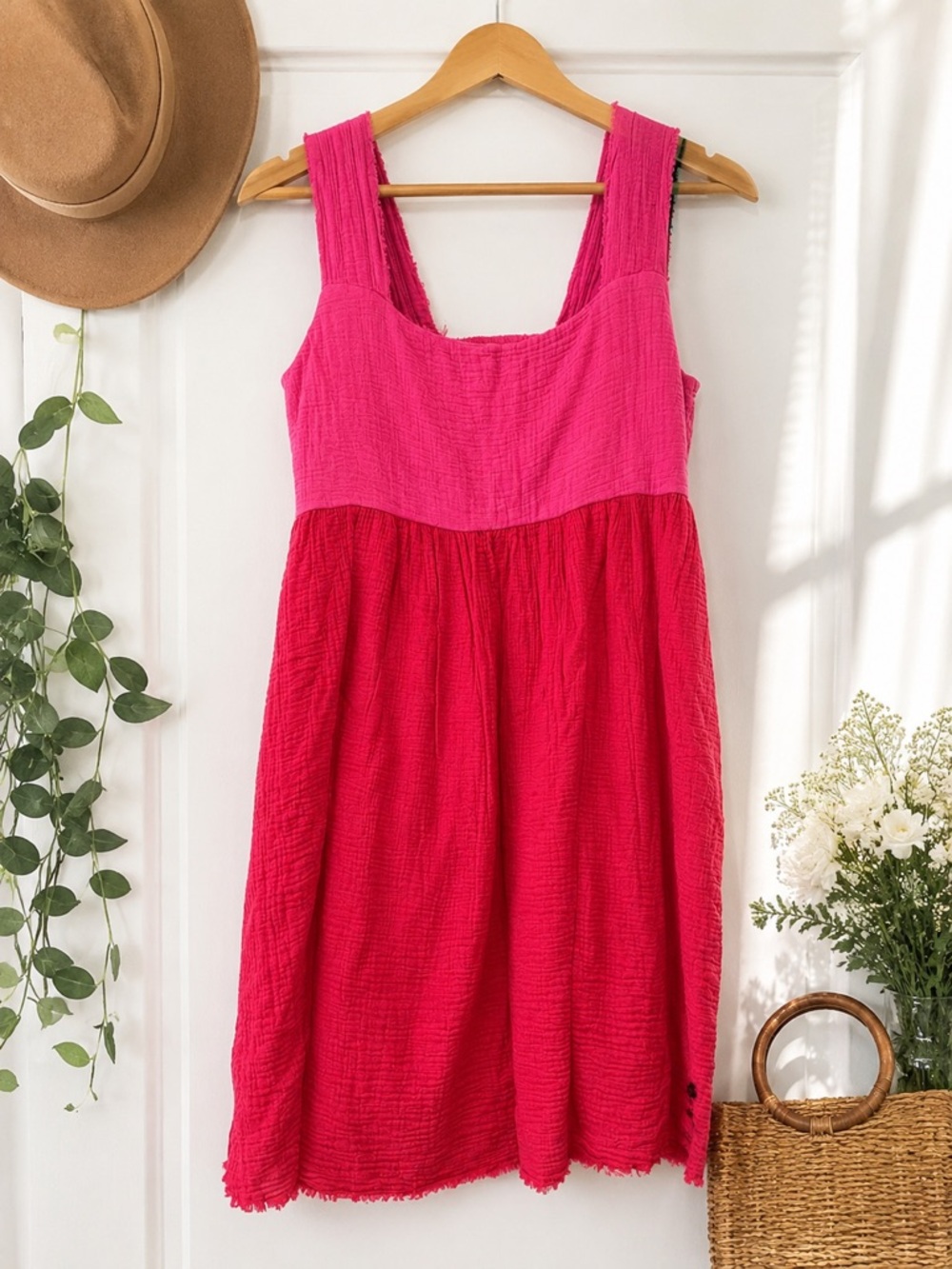 Natural Life 100% Cotton Pink Gauze Sleeveless Babydoll Dress Large